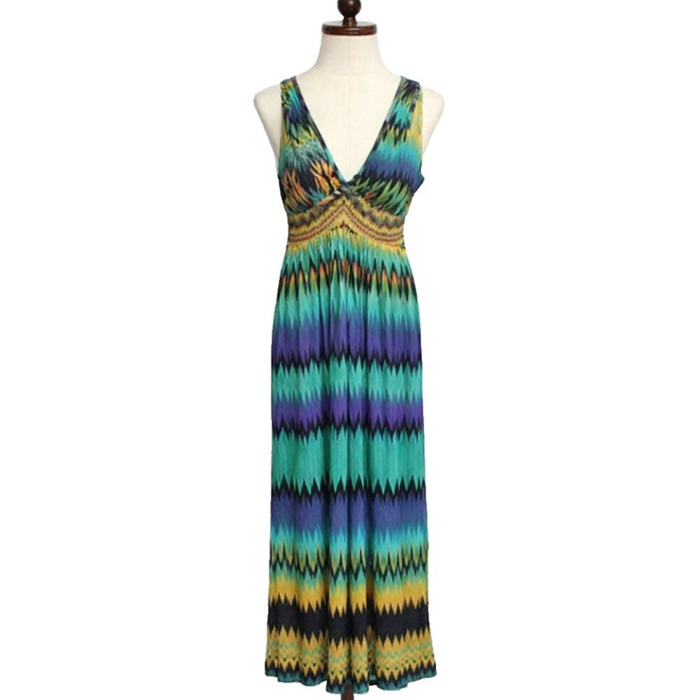 Just Funky BOHO Maxi Dress Womens Large‎ Colorful Striped Smocked Sleeveless NWT